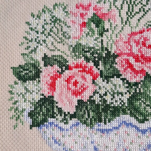 Vintage Finished Cross Stitch "Floral" Picture 10 1/2" x 11" - Picture 6 of 6